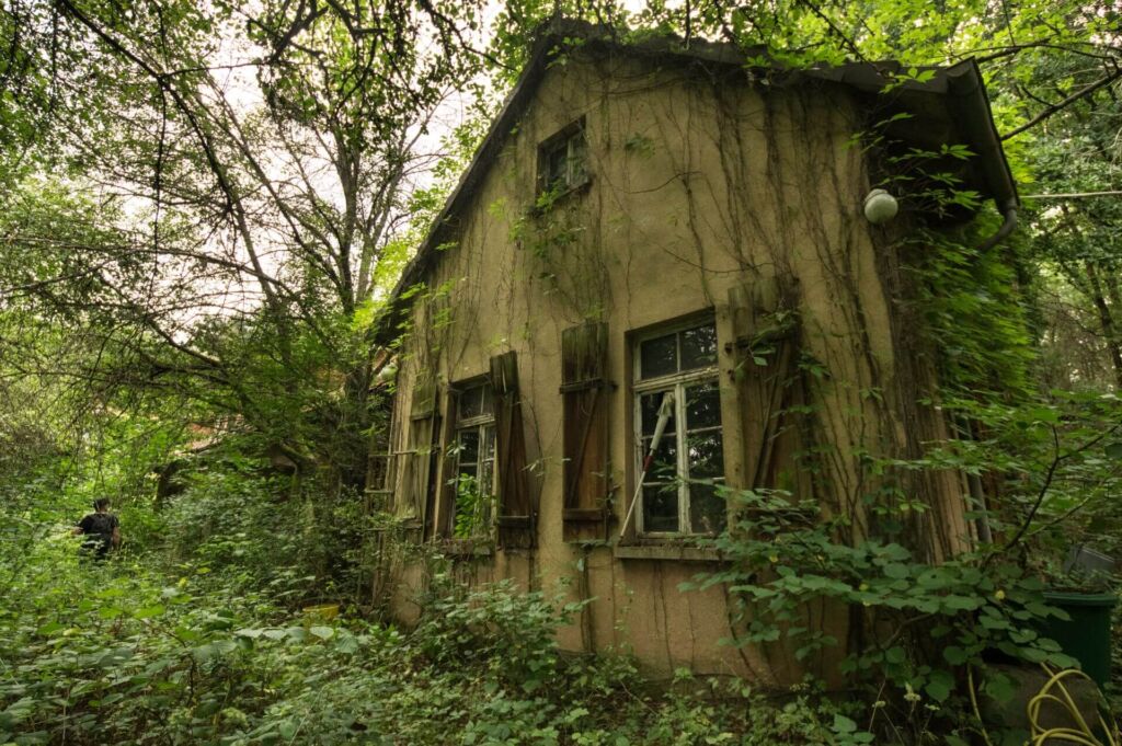 Eins der ehemaligen Grubengebäude, welches bereits zugewachsen ist.