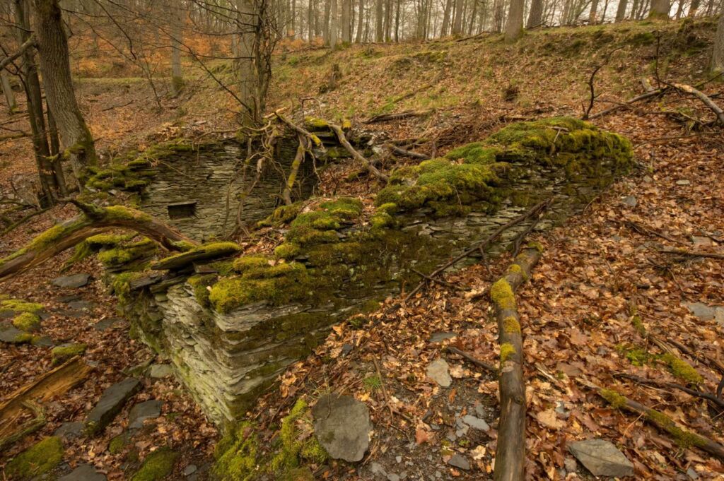 Grundmauern eines ehemaligen Grubengebäudes der Schiefergrube.