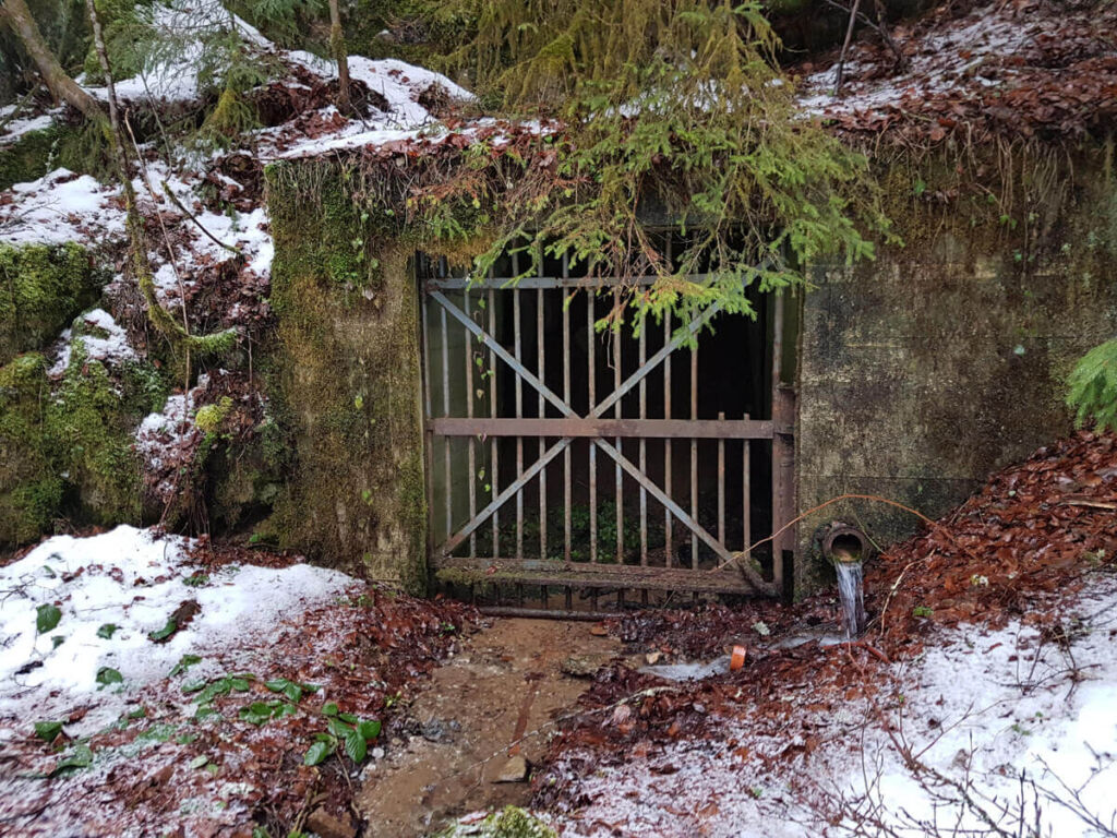 Vergittertes Mundloch mit Wasseraustritt