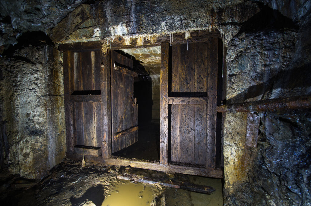 006_holztür Zeigt eine marode Wettertür aus Holz, die offensteht.