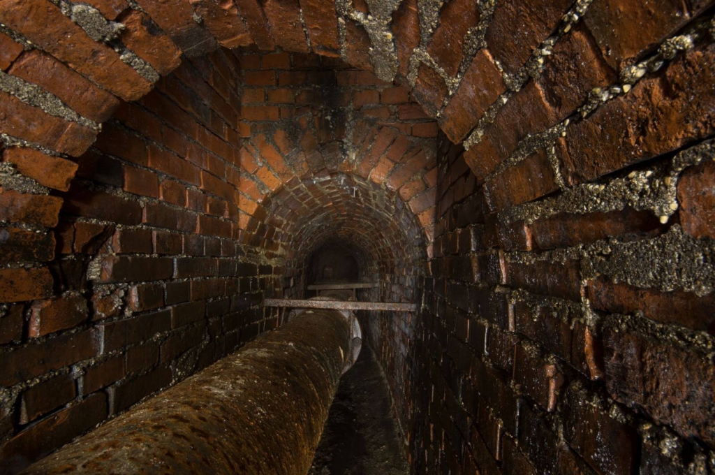 Zeigt einen engen, in Ziegel gemauerten Kanal, durch den ein dickes rostiges Rohr läuft.