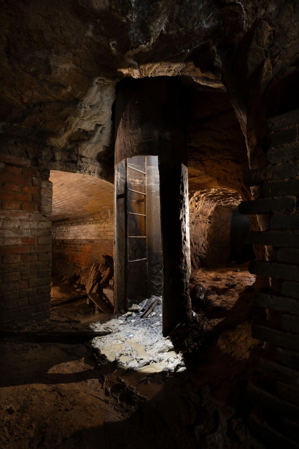 Stahlröhre als Notausstieg, mit Stahlleiter in der Röhre.