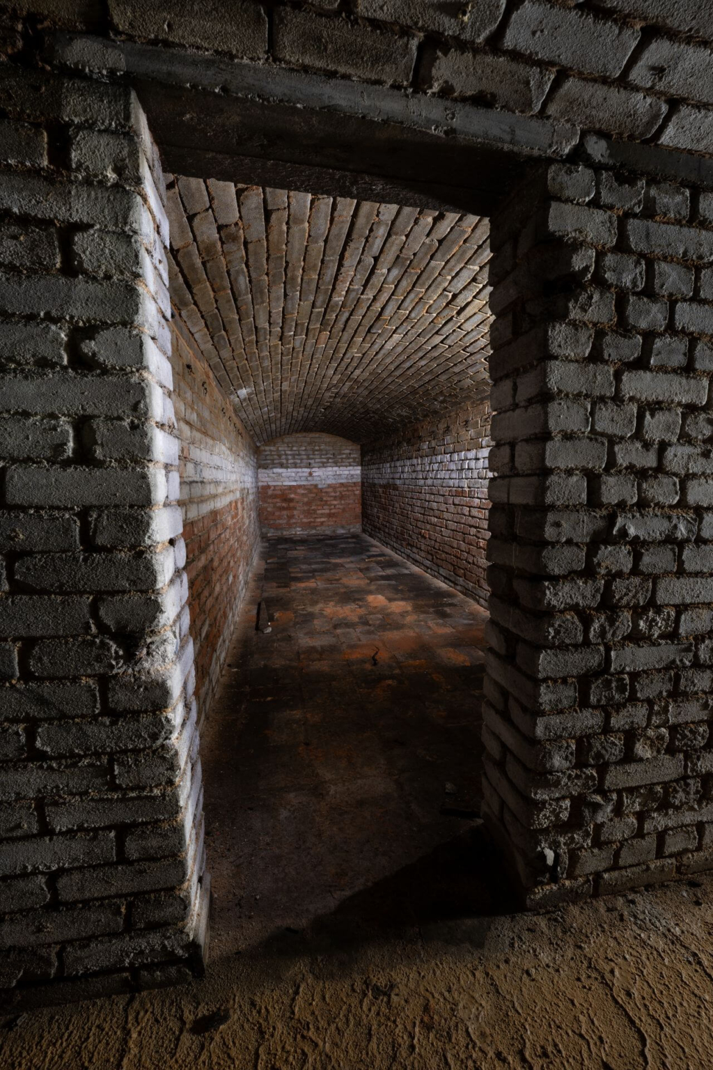 Blick in einen Schutzraum vom Flur aus, der weiße Leuchtstreifen an der Wand ist zu erkennen.