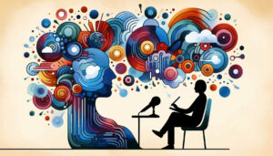 Abstrakte Illustration eines Interviews mit einer sitzenden Person am Mikrofon und einer stilisierten menschlichen Silhouette, aus der farbige Gedanken- und Sprachformen hervorgehen.