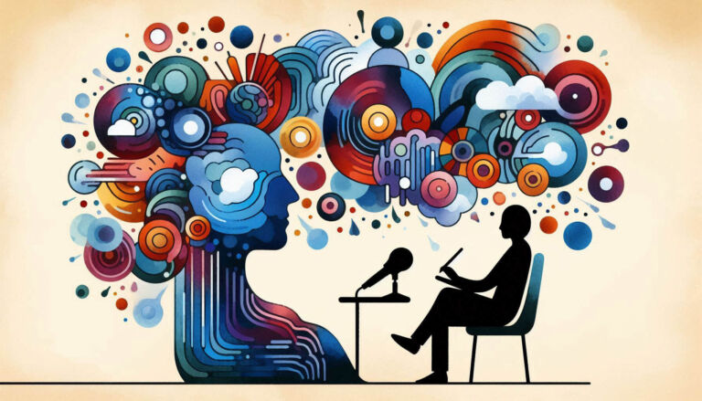 Abstrakte Illustration eines Interviews mit einer sitzenden Person am Mikrofon und einer stilisierten menschlichen Silhouette, aus der farbige Gedanken- und Sprachformen hervorgehen.