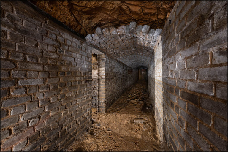 Flur im Luftschutzstollen Blau-Schwarz mit Ziegelausmauerung.