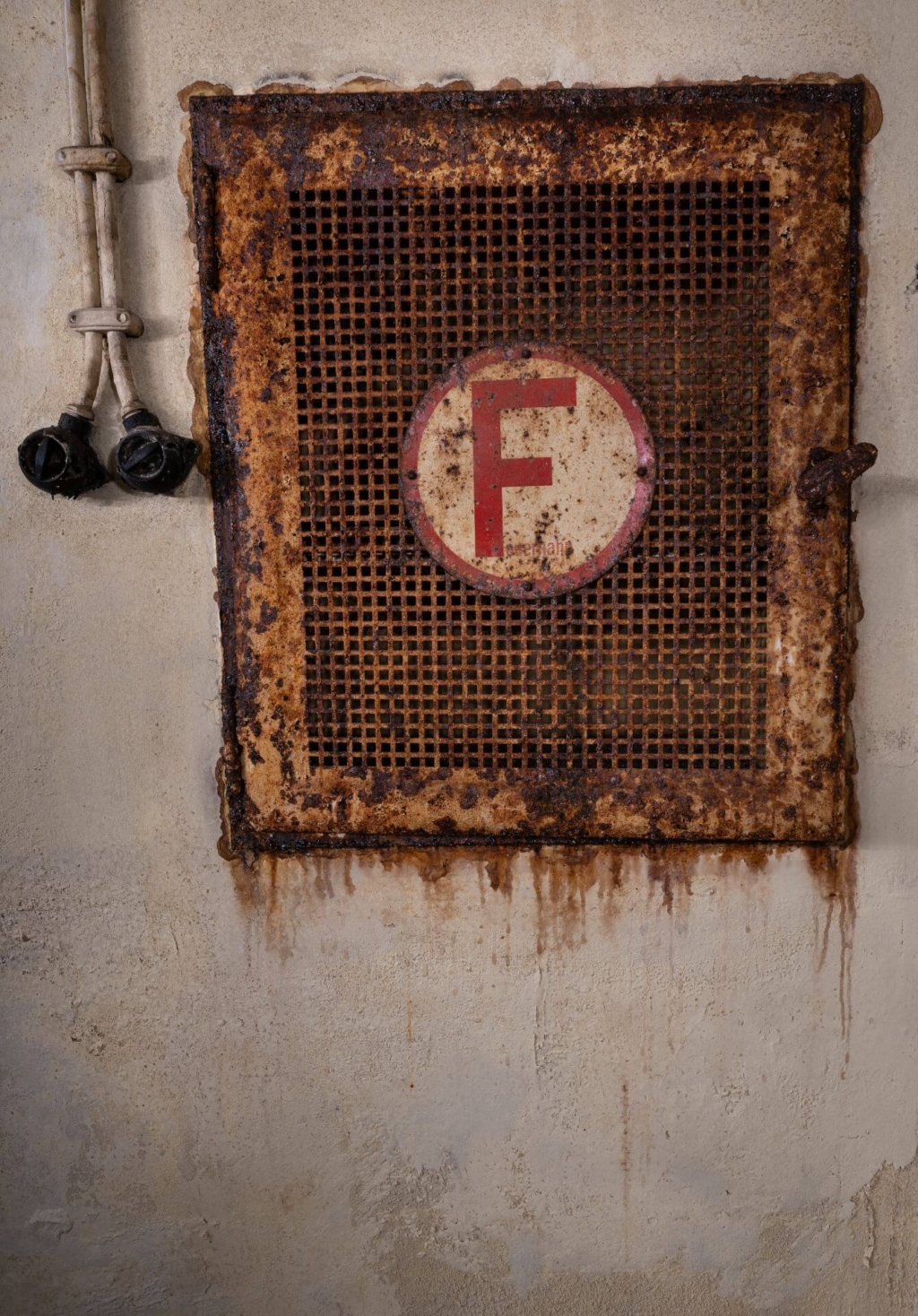 Fach für Feuerwehrschlauch, mit rostiger Gittertür und Lichtschalter daneben.