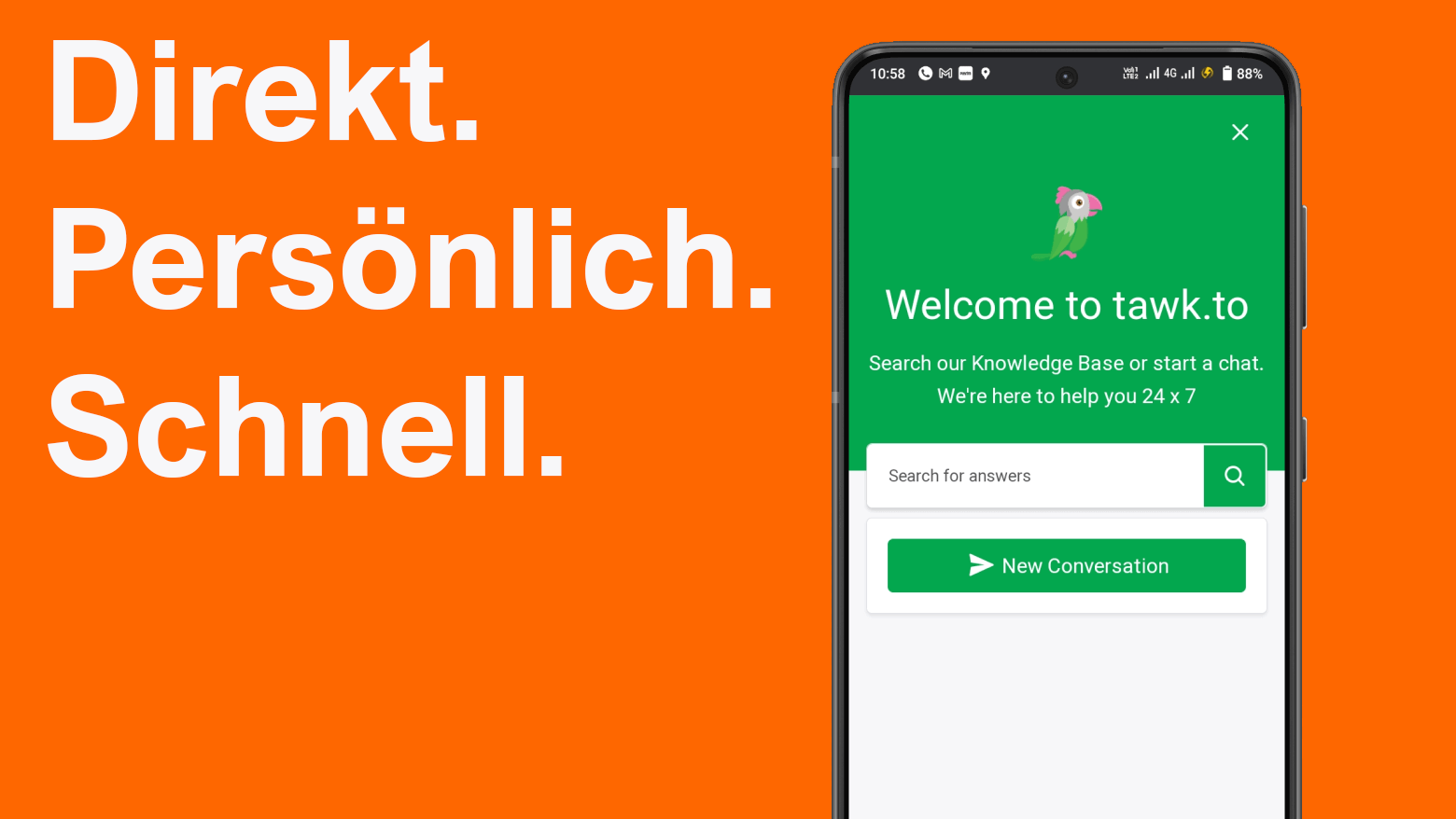 Grafik mit orangefarbenem Hintergrund und den Schlagworten „Direkt. Persönlich. Schnell.“ neben einem Smartphone, das die tawk.to-Chatoberfläche mit Suchfeld und Start-Chat-Button für den direkten Online-Support anzeigt.
