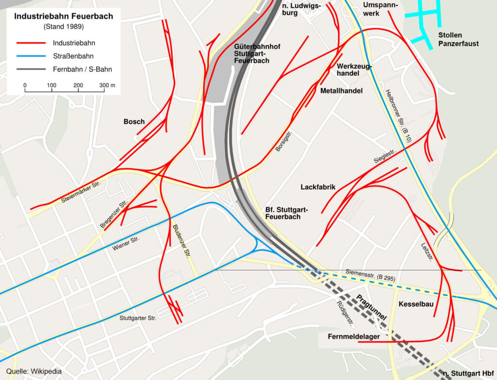 Gleisplan der Industriebahn in Stuttgart-Feuerbach am Luftschutzstollen Panzerfaust.