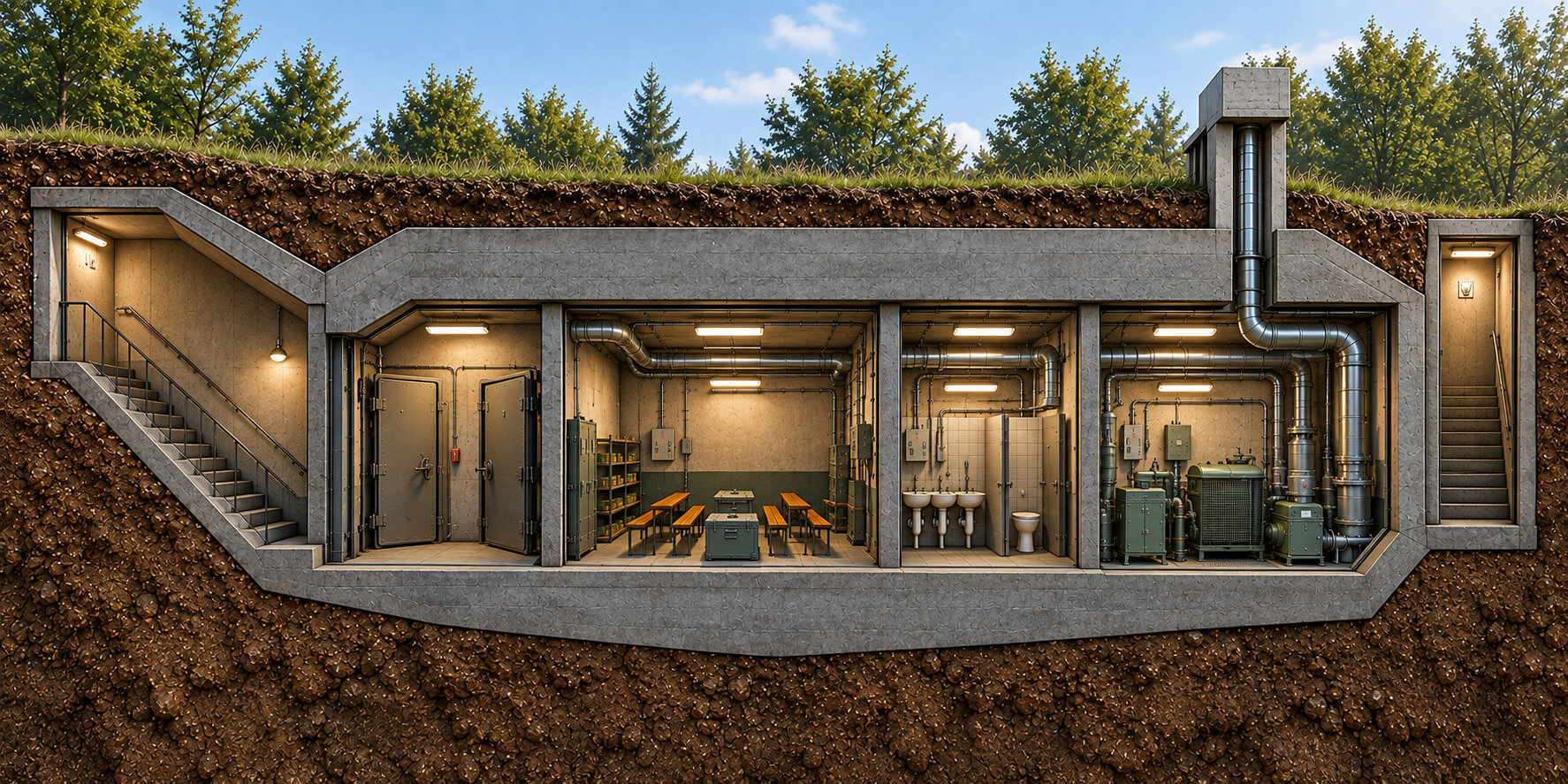 Schematischer Querschnitt einer unterirdischen Bunkeranlage mit geschütztem Zugang, Schleuse, Aufenthaltsraum, Sanitärbereich, Technikraum, Lüftungsanlage und Notausgang.