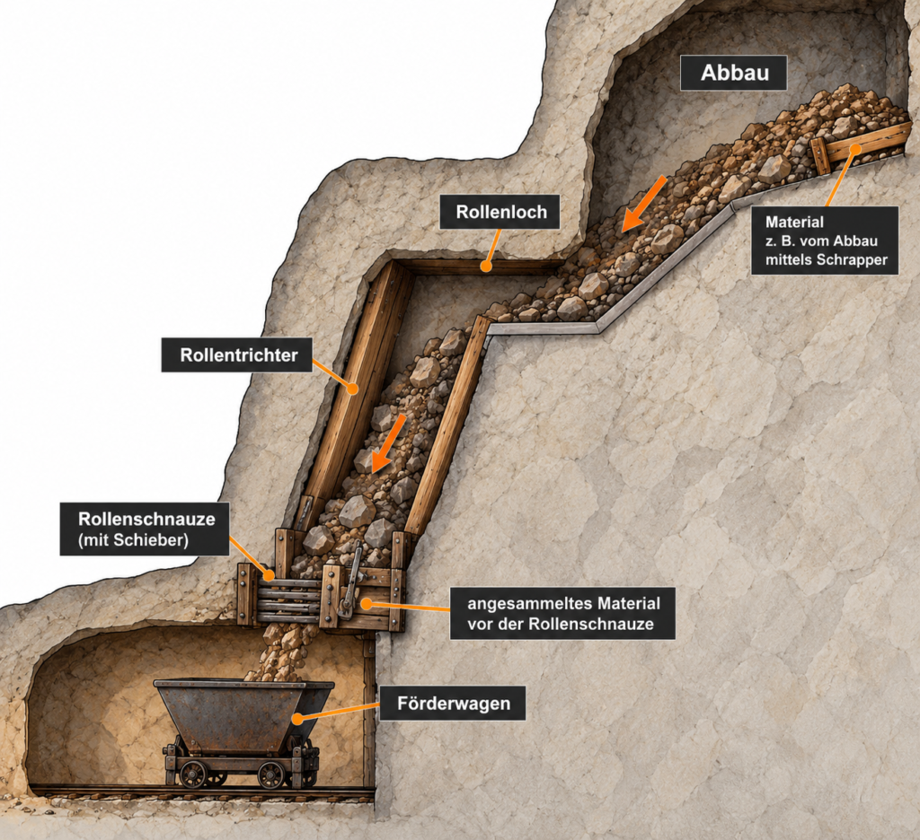 Skizze eines Rollenbunkers mit Lore unter der Rolle