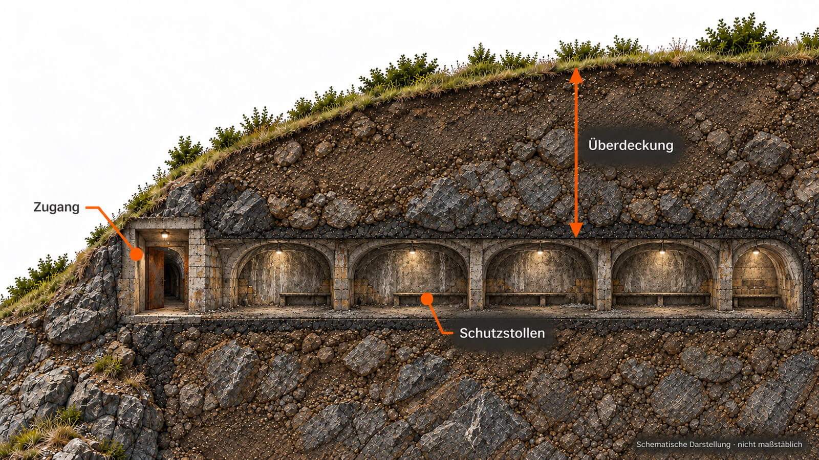 Schematische Darstellung eines Hangstollens mit seitlichem Zugang und Überdeckung