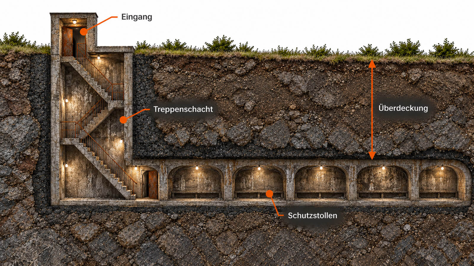 Schematische Darstellung eines Tiefstollens mit Treppenschacht und unterirdischem Schutzstollen